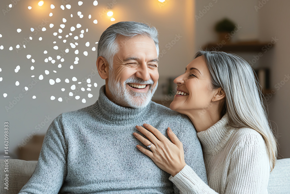 Happy senior couple laughing and embracing at home, enjoying cozy moment together. Their joyful expressions reflect love and warmth in comfortable setting