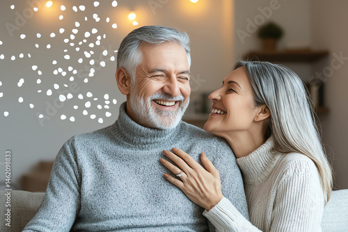 Obraz na płótnie Happy senior couple laughing and embracing at home, enjoying cozy moment together. Their joyful expressions reflect love and warmth in comfortable setting w salonie