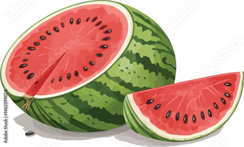 Watermelon with watermelon slice in white background vector design, Watermelon illustration vector design