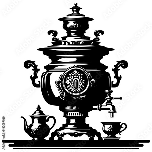 Black and white silhouette of a samovar and tea set on a white isolated background. Vector graphics. EPS.