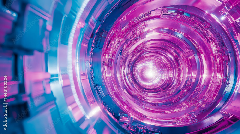 Obraz premium Futuristic Tunnel: A mesmerizing journey through time and space in a light-filled, circular construction. Concept for abstract background.