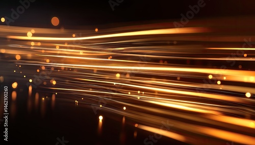 Abstract, dynamic lines of light streaks against a dark background.  Golden, glowing, and blurred, with small particles