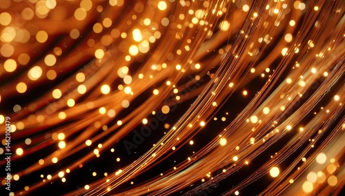 Abstract glowing lines with gold sparkles against a dark background.  Intricate, flowing, and dynamic golden threads interwoven with bright, scattered highlights