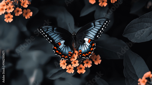 A black and white butterfly with blue, orange, and red colors on its wings, sitting on a lantana flower .