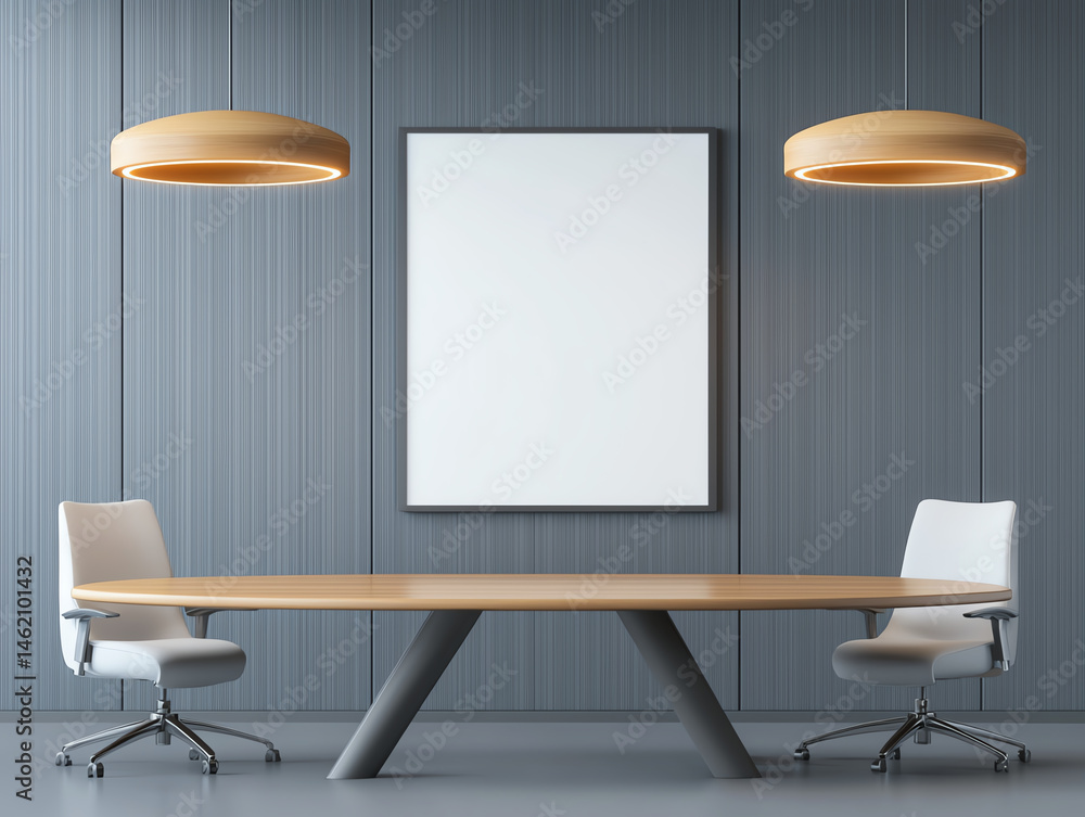 Modern office interior with large round table, two white chairs, and empty framed mockup on wall. space is well lit with stylish pendant lights, creating professional atmosphere