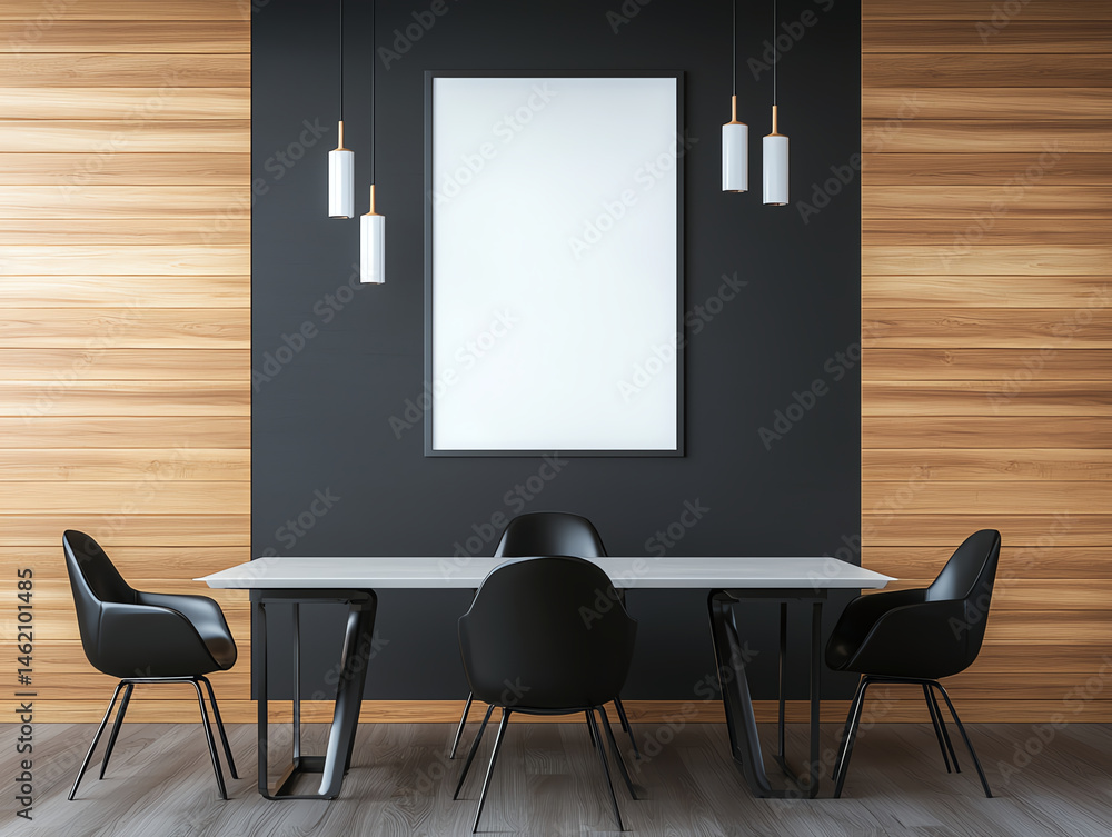 Modern office interior featuring sleek table and black chairs, complemented by stylish pendant lights and large blank frame on wall, creating minimalist and inviting atmosphere