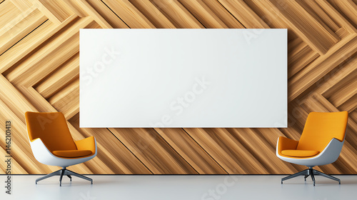 Modern office interior featuring two stylish orange chairs against textured wooden wall with large blank white canvas. design is sleek and inviting, perfect for creative spaces