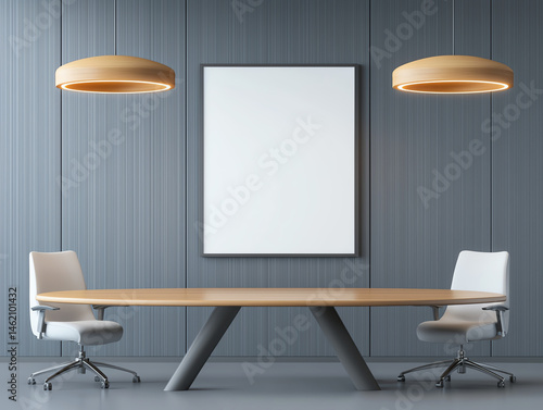Obraz na płótnie Modern office interior with large round table, two white chairs, and empty framed mockup on wall. space is well lit with stylish pendant lights, creating professional atmosphere w salonie