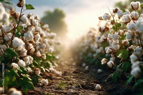 A field of cotton plants with the sun shining through the clouds