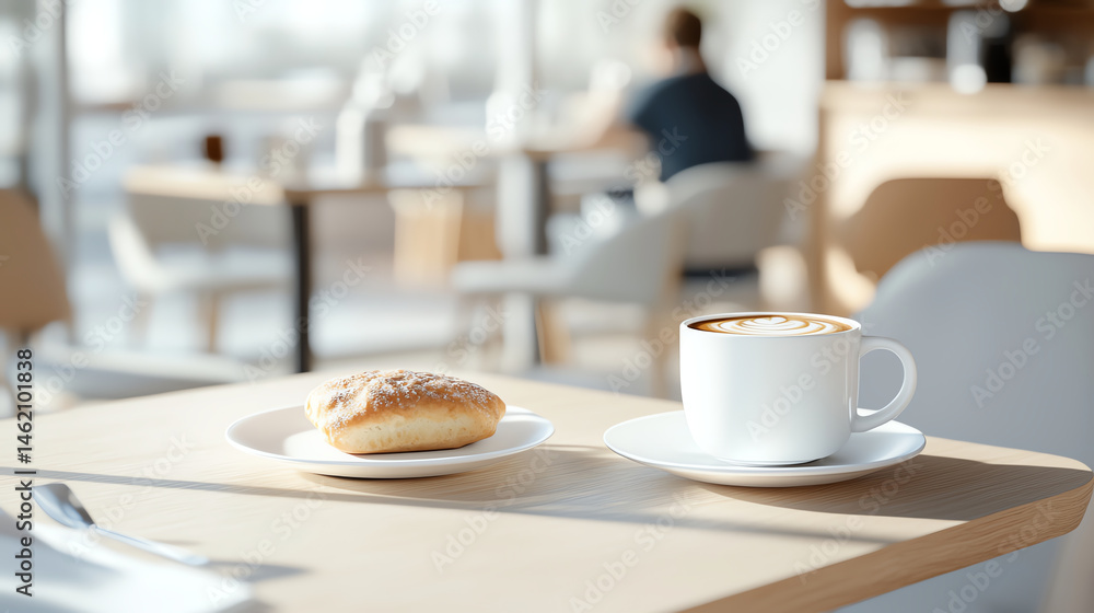 cozy cafe scene featuring cup of coffee and pastry on wooden table, with soft lighting creating warm atmosphere