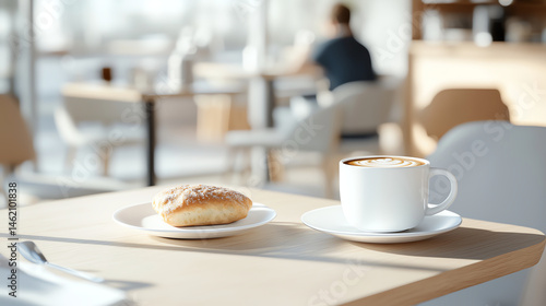 cozy cafe scene featuring cup of coffee and pastry on wooden table, with soft lighting creating warm atmosphere