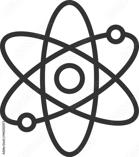 Clean line drawing of an atom. Represents science, physics, chemistry, and the building blocks of life. Use for educational materials or web design.