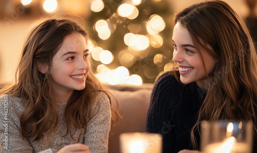 Two friends share a joyful moment indoors, surrounded by warm lights and a cozy atmosphere
