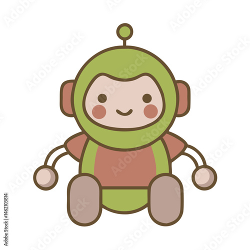 Cute robot character design in cheerful colors with charming facial features and simple limbs sitting in a playful pose