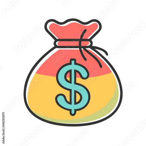 Colorful money bag illustration featuring a dollar sign indicating wealth and finance concepts
