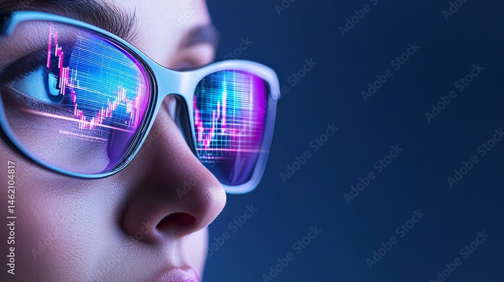 Close-Up of Person with Futuristic Sunglasses Reflecting Digital Stock Market Data in a High-Tech Environment Close-Up of Person with Futuristic Sunglasses Reflecting Digital Stock Market Data in a High-Tech Environment