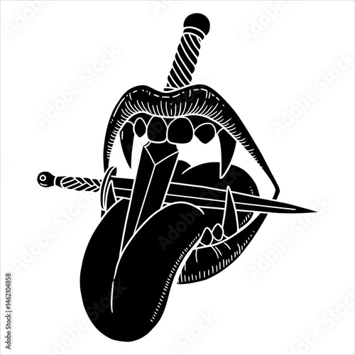 Gothic Vampire Tattoo Design Fangs, Dagger, and Tongue Illustration