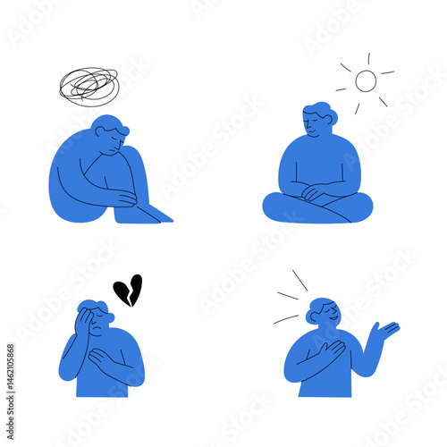 Mental health and emotions illustration. Set of people showing sadness, anxiety, calmness, and confidence in minimal flat style. Emotional expression characters isolated on white background