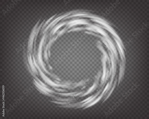 Semitransparent circle cloud or smoke rotation effect. Top view on round tornado. Portal vortex. Fresh wind flow. Cyclone rotation. Smoke whirlpool. Vector illustration