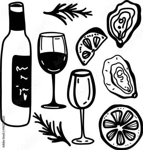  Oysters and wine, drawing, engraving, ink, line art, vector