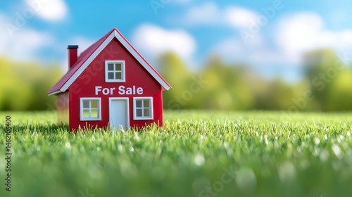 Wallpaper Mural Miniature Red House for Sale on Vibrant Green Lawn Under Bright Blue Sky with Soft Clouds Torontodigital.ca