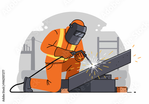 Professional Welder Working on Metal Structure with Safety Equipment