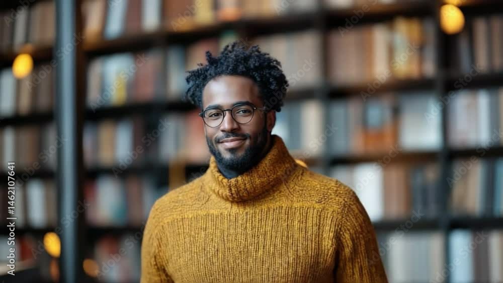 A warm portrait captures a man against a backdrop of books in library. with eyes meet the viewer, creating a sense of connection and knowledge, bathed in soft light. A warm portrait captures a man against a backdrop of books in library. with eyes meet the viewer, creating a sense of connection and knowledge, bathed in soft light.