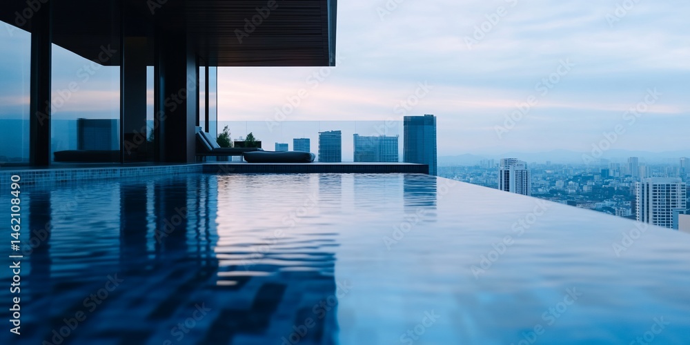 Naklejka premium Serene rooftop pool reflecting city skyline at dusk in contemporary building