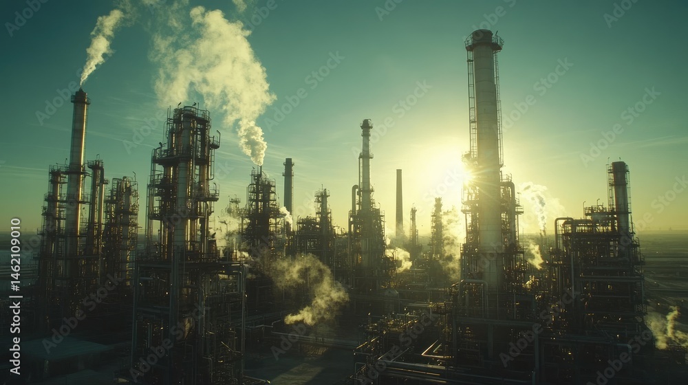 Fototapeta premium Industrial complex at sunrise, emitting smoke plumes.