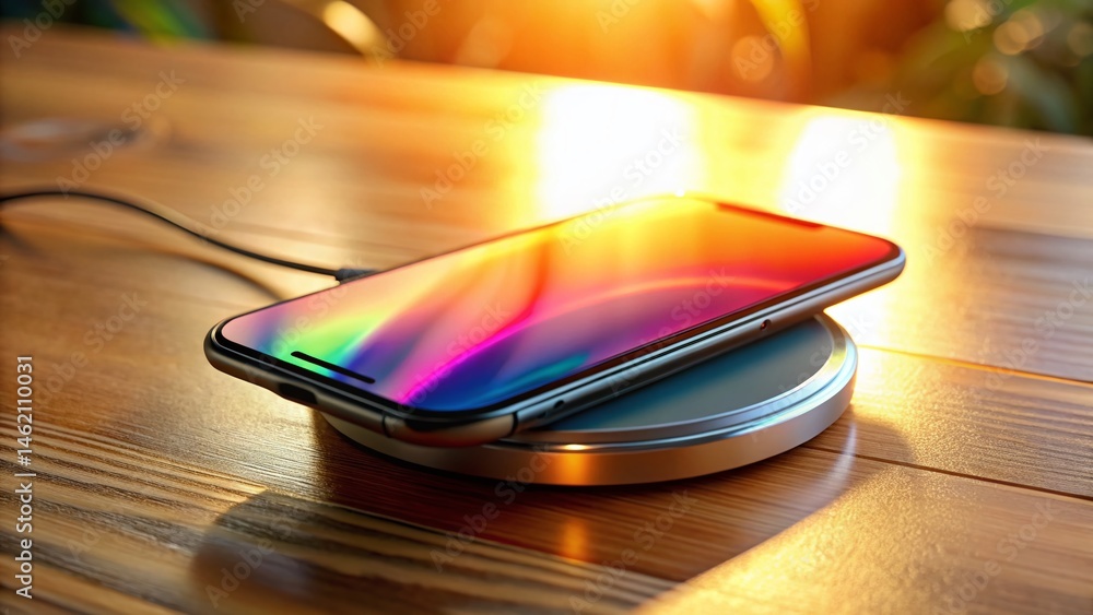 Charging Cell Phone on Wireless Charger, Close-Up Candid Shot Charging Cell Phone on Wireless Charger, Close-Up Candid Shot