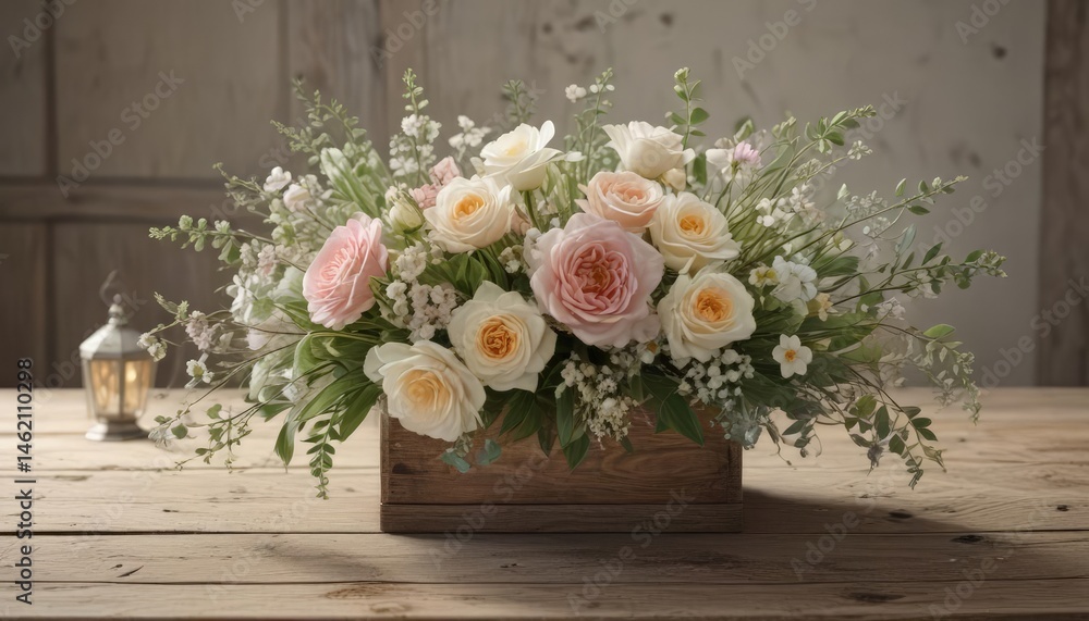 Delicate spring bouquet centerpiece, soft lamp glow on weathered wood table , bright, spring flowers Delicate spring bouquet centerpiece, soft lamp glow on weathered wood table , bright, spring flowers
