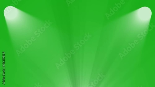 Glowing Stage spotlights animation . Three white bright stage lights blinking. multiple lighting background, spotlight illuminates stage green screen. spotlight, Sun light. lens flares laser beam.