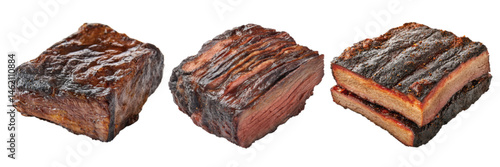 Realistic cuts of smoked brisket showcasing bark and juicy interior, presented on a clean white background