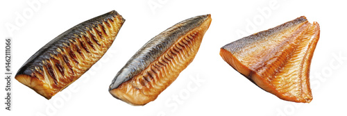 Smoked mackerel fillets arranged artistically showcasing texture and color variations on a clean white background