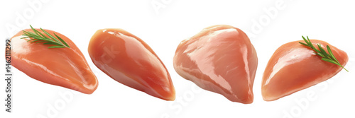 Fresh raw chicken breast fillets with rosemary leaves on a white background

