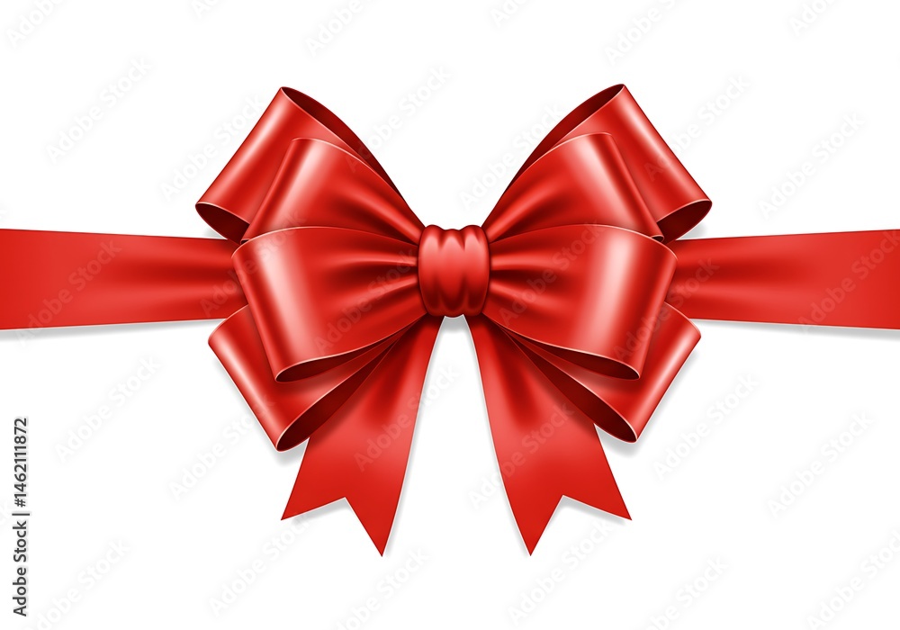 A vibrant red satin bow with elegant folds and tails on a clean bright white background surface view A vibrant red satin bow with elegant folds and tails on a clean bright white background surface view
