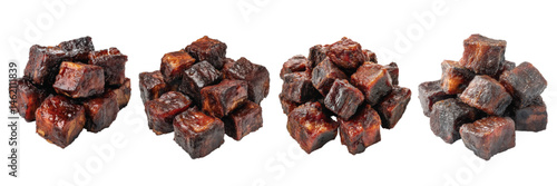Assorted piles of crispy, smoky barbecue beef brisket cubes on a white background showcasing texture and color variations