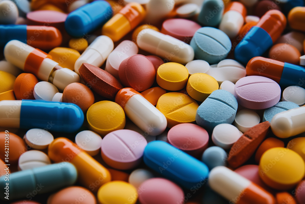 pile of colorful pills of various shapes and sizes. The pills are scattered all over the image, with some overlapping each other. Concept of chaos and disorder pile of colorful pills of various shapes and sizes. The pills are scattered all over the image, with some overlapping each other. Concept of chaos and disorder