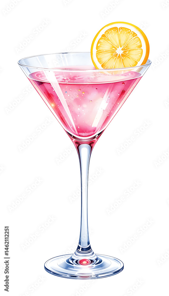 A glass of pink cocktail with a lemon slice garnish. Elegant and refreshing beverage illustration on a white background. Perfect for drink and bar-themed designs. A glass of pink cocktail with a lemon slice garnish. Elegant and refreshing beverage illustration on a white background. Perfect for drink and bar-themed designs.