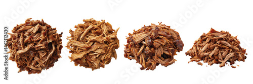 Assorted piles of shredded brisket showcasing different textures and colors on a white background for culinary use