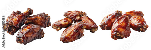 Assorted crispy chicken wings glazed with flavorful sauce, beautifully arranged on a white background for culinary presentation
