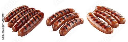Grilled sausages arranged in a group, showcasing appetizing char marks and vibrant colors on a white background
