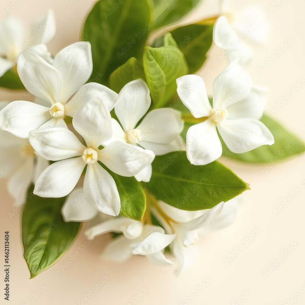Fototapeta premium Jasmine white flowers with soft green leaves on pale cream background