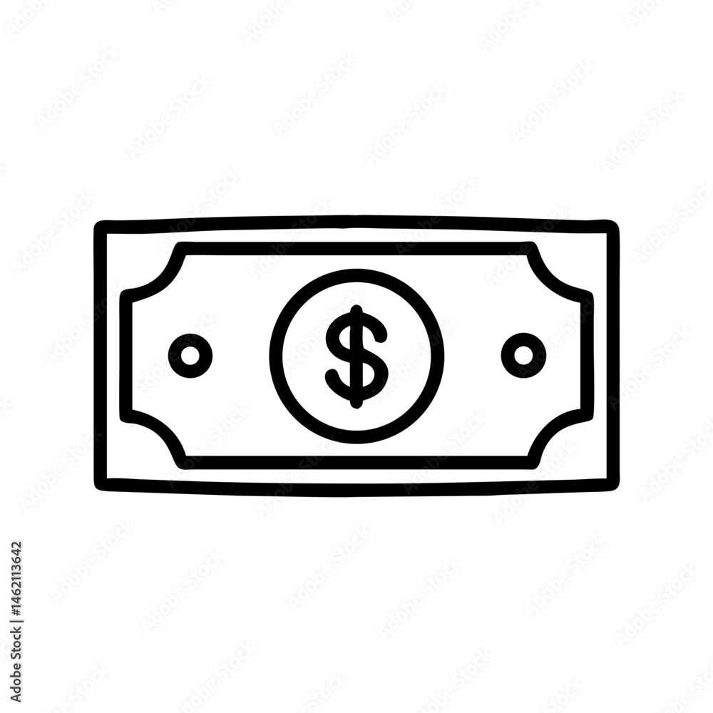 Visual representation of a dollar bill featuring a dollar sign with a simple design and clear outlines in black and white Visual representation of a dollar bill featuring a dollar sign with a simple design and clear outlines in black and white