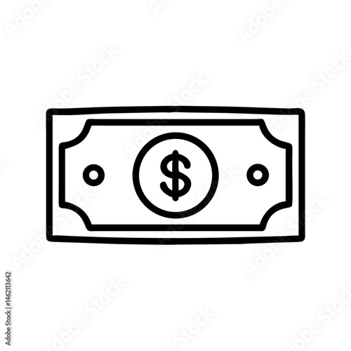 Visual representation of a dollar bill featuring a dollar sign with a simple design and clear outlines in black and white