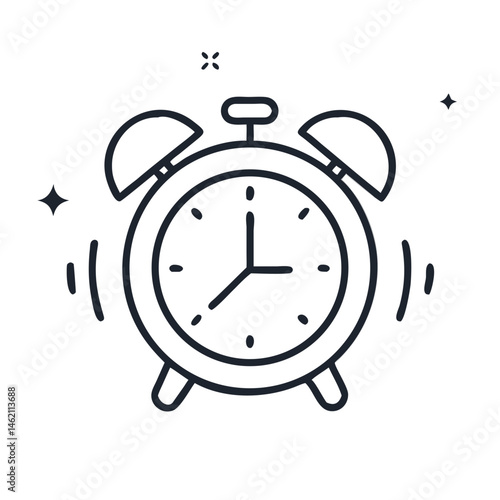 Alarm clock design indicating time with ringing bells and sparkling details in a minimalist style