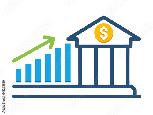 Financial growth represented with bank, money symbol, and upward trend in chart demonstrating economic progress