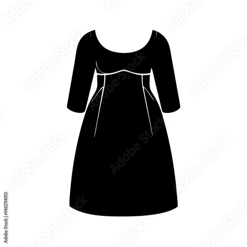 Elegant black dress design suitable for formal occasions and parties featuring a modest neckline and three-quarter sleeves