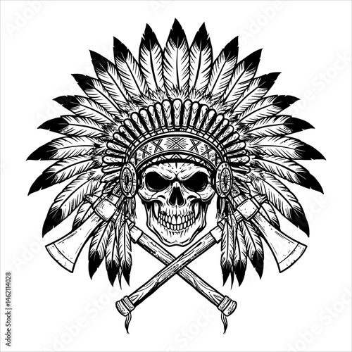 Intricate Skull Tattoo Design Native American Headdress and Tomahawks