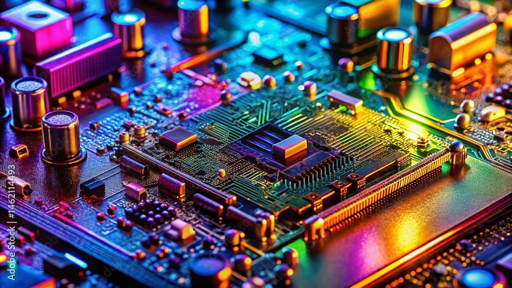 Obraz premium Close-up Macro Shot of Gaming PC Motherboard Circuitry Lines
